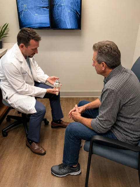 Dr. Spencer Montgomery discussing a hip and knee replacement implant with a patient in his Meridian clinic